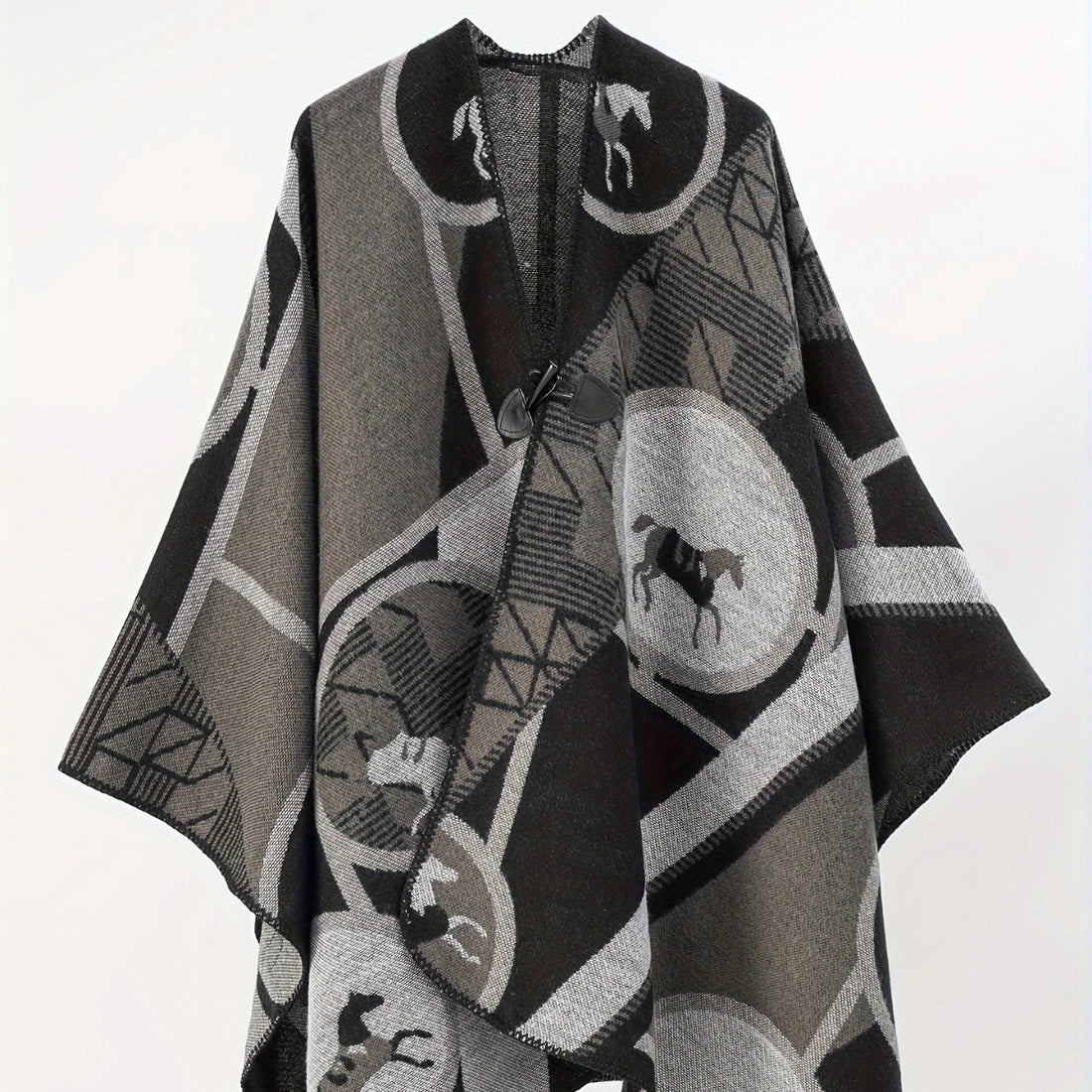 Damen Wollmix-Jacquard-Ruana mit Pferdemotiv, Knebelverschluss und offener Kimono-Silhouette – Montévia