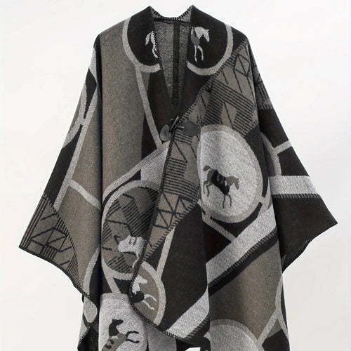 Damen Wollmix-Jacquard-Ruana mit Pferdemotiv, Knebelverschluss und offener Kimono-Silhouette – Montévia