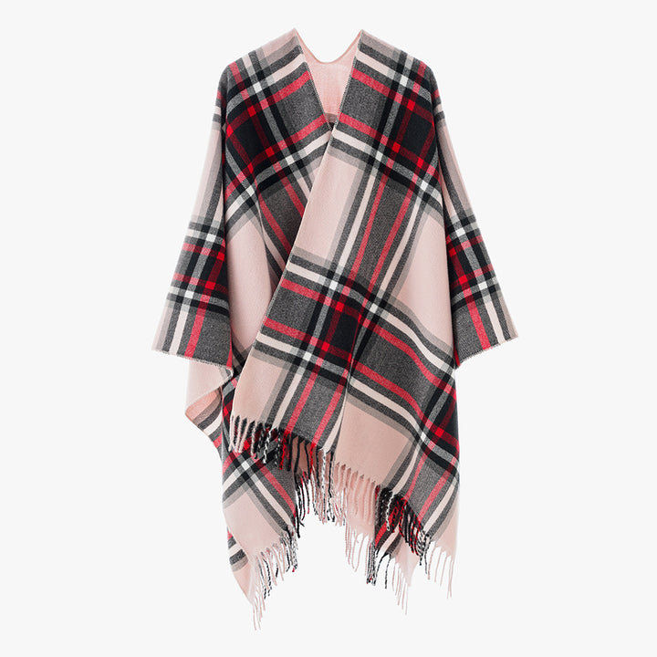 Damen Karierter Oversize-Überwurfponcho mit V-Ausschnitt und Fransensaum – Avérine