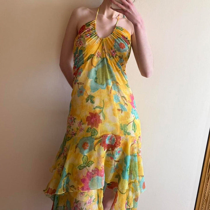 Damen Maxi-Kleid mit floralen Rüschen und tiefem V-Ausschnitt Echo Archiv