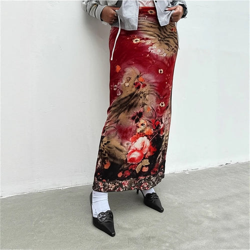 Damen Langes Satin-Chiffon Maxirock mit floralem Aquarellprint Echo Archiv