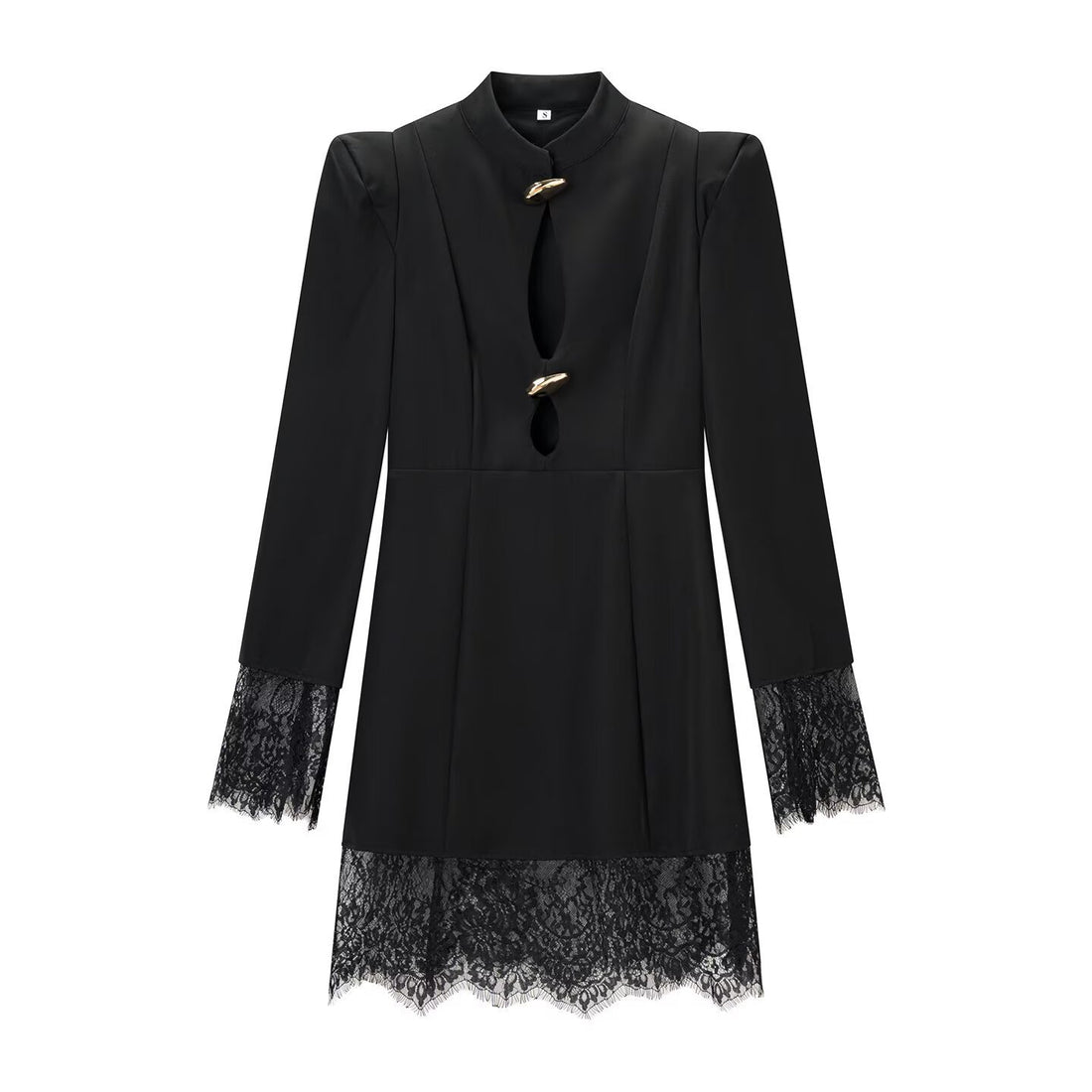 Damen Kleid mit Stehkragen, Cut-Out-Front, Zierknöpfen und Spitzenbesatz Echo Archiv