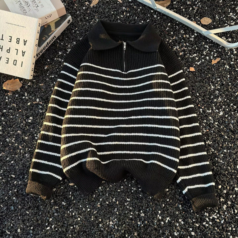 Unisex Grobgestrickter Oversize-Pullover mit halbem Reißverschluss und Polokragen Echoarchiv
