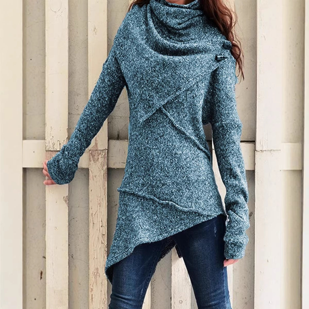 Damen asymmetrischer Boucle-Strickpullover mit großem Schalfkragen Echoarchiv