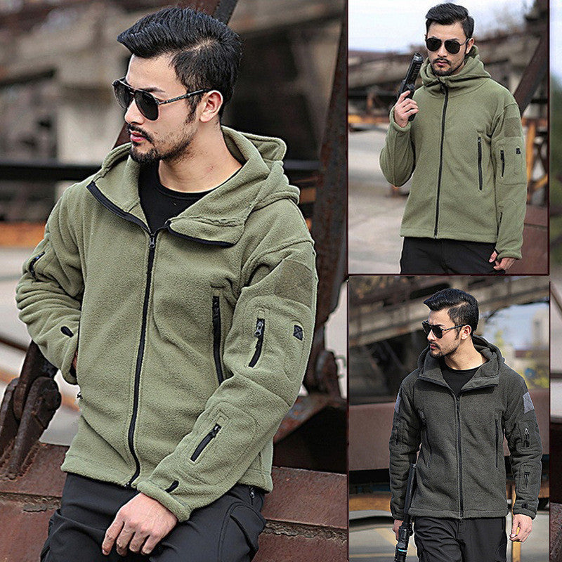 Herren Fleecejacke mit mehrfachen Taschen und verstellbarem Kapuzenkragen Echoarchiv