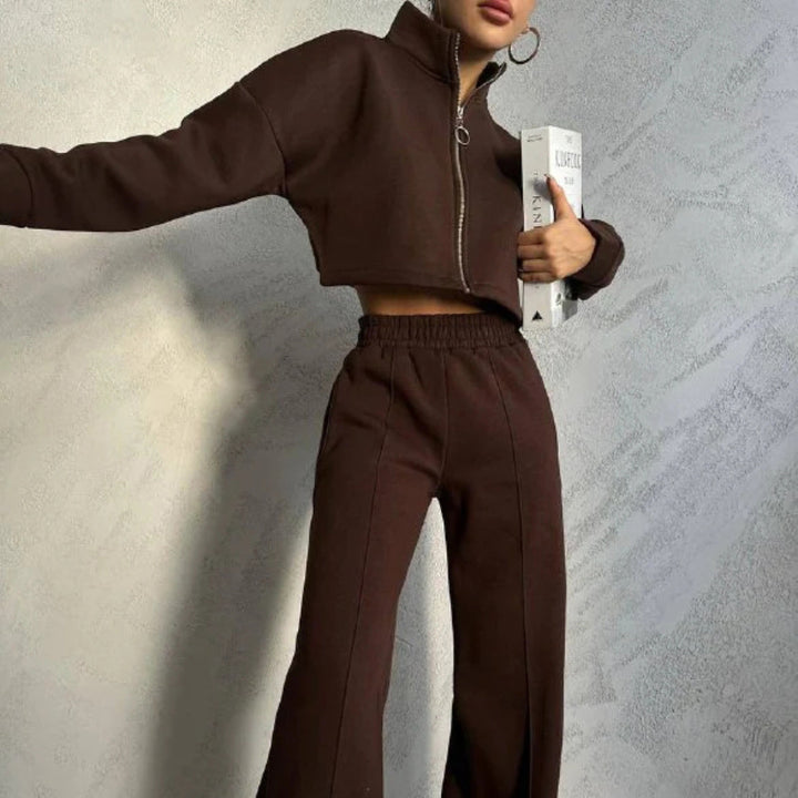 Damen nan kurzes Reißverschluss-Crop-Sweatshirt mit Stehkragen und hochtaillierter Jogginghose Set Echo Archiv
