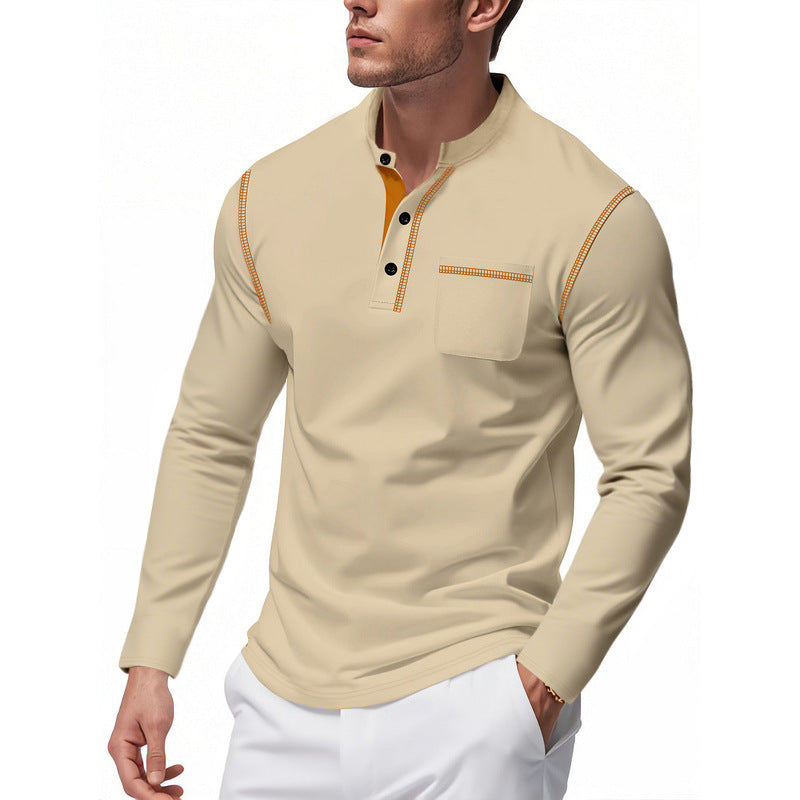 Herren nan Henley-Langarmshirt mit Stehkragen, Brusttasche und kontrastierenden Ziernähten Echo Archiv
