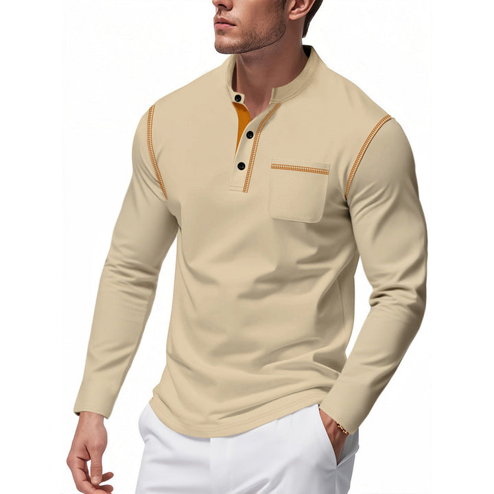 Herren nan Henley-Langarmshirt mit Stehkragen, Brusttasche und kontrastierenden Ziernähten Echo Archiv