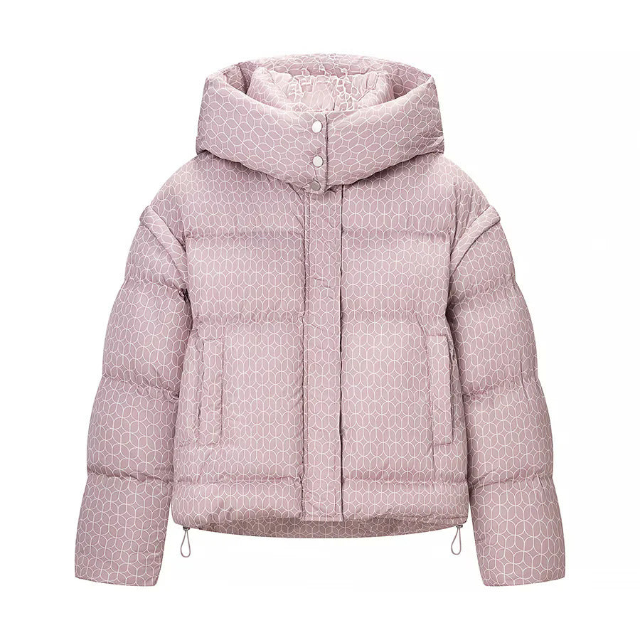 Damen kurze Boxy-Steppjacke mit grafischem Quiltmuster, großer Kapuze, verdeckter Druckknopfleiste und Tunnelzugsaum – Célinea