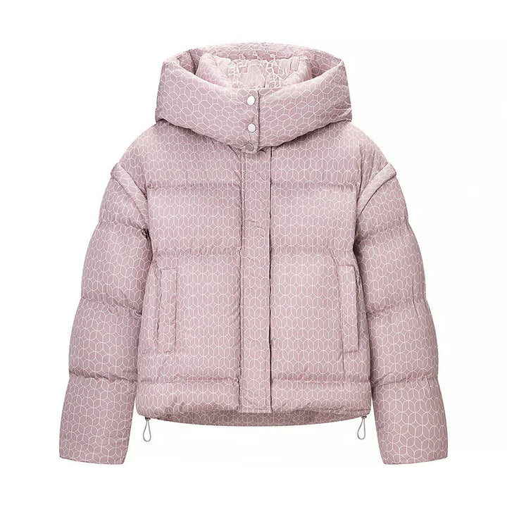 Damen kurze Boxy-Steppjacke mit grafischem Quiltmuster, großer Kapuze, verdeckter Druckknopfleiste und Tunnelzugsaum – Célinea