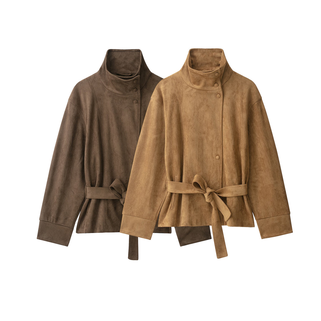 Damen Kurze Velourslederjacke mit hohem Stehkragen und Bindegürtel Echo Archiv