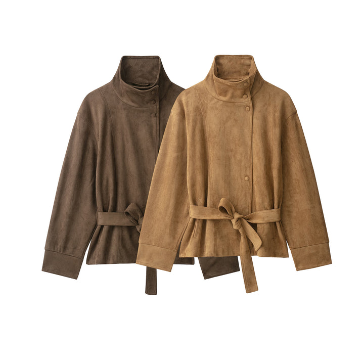 Damen Kurze Velourslederjacke mit hohem Stehkragen und Bindegürtel Echo Archiv