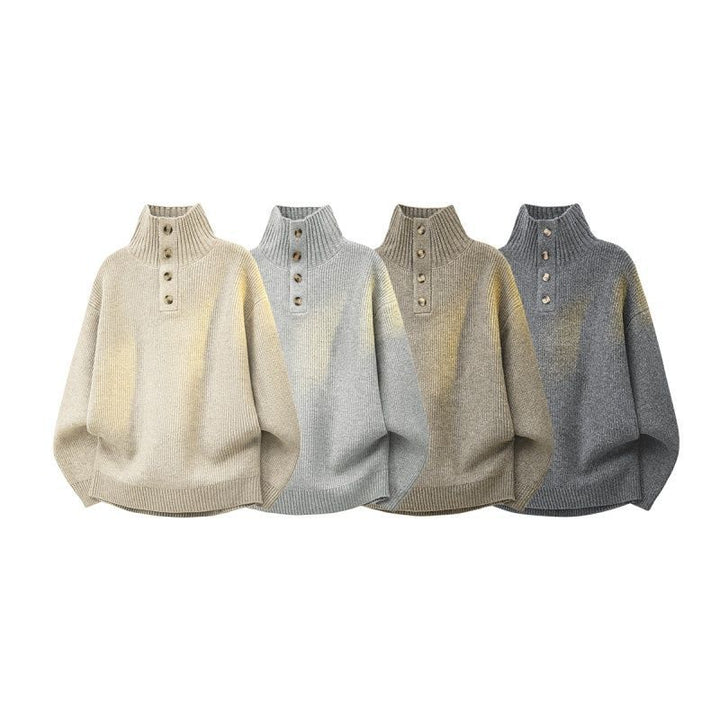 Damen Oversize Grobstrick-Pullover mit Knopfleiste am Stehkragen und Raglanärmeln Echoarchiv