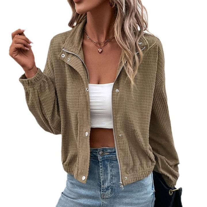 Damen Kurzgeschnittene Waffelstruktur-Übergangsjacke mit Reißverschluss, Stehkragen und elastischen Bündchen Echoarchiv