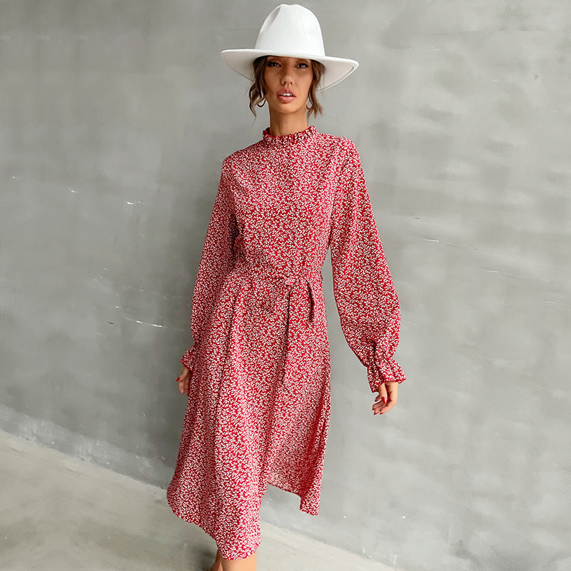 Damen Midikleid mit Stehkragen, Taillengürtel und Volantärmeln Echoarchiv