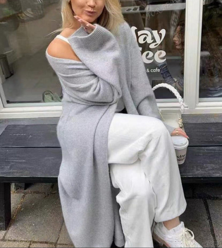 Damen Langer offener Strickmantel-Cardigan mit schulterfreiem Oversize-Schnitt und Kaschmir-Touch – Veloura