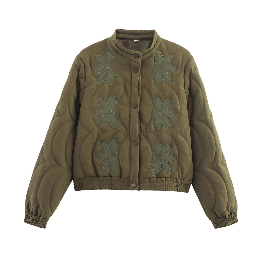 Damen Kurz geschnittene gesteppte Jacke mit Blumenapplikation und Stehkragen Echo Archiv