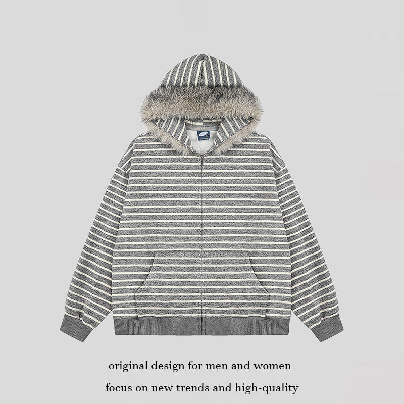 Damen Oversize Kapuzen‑Sweatjacke mit gestreiftem Jacquard, durchgehendem Reißverschluss und Kunstfell‑Kapuze Echoarchiv