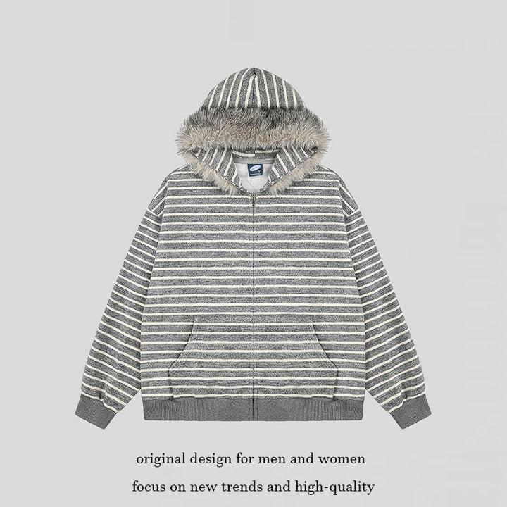 Damen Oversize Kapuzen‑Sweatjacke mit gestreiftem Jacquard, durchgehendem Reißverschluss und Kunstfell‑Kapuze Echoarchiv