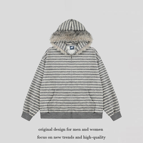 Damen Oversize Kapuzen‑Sweatjacke mit gestreiftem Jacquard, durchgehendem Reißverschluss und Kunstfell‑Kapuze Echoarchiv