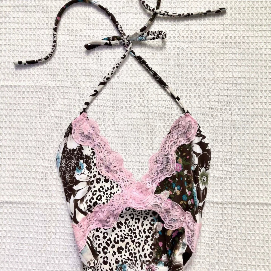 Damen Verspieltes Haltertop mit floralem und Leopardenmuster Echo Archiv