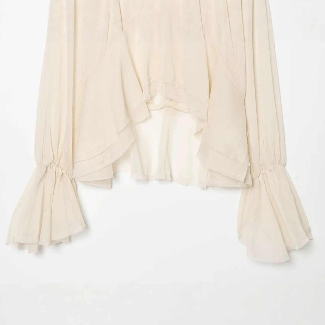 Damen Asymmetrische Volant-Bluse mit hohem Vorderteil, tiefem Rückteil und Trompetenärmeln Echo Archiv