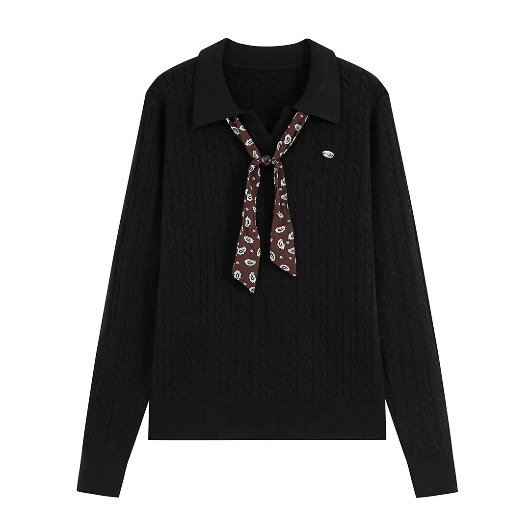 Damen Strickpullover mit Troyer‑Kragen und Zierkrawatte Echoarchiv