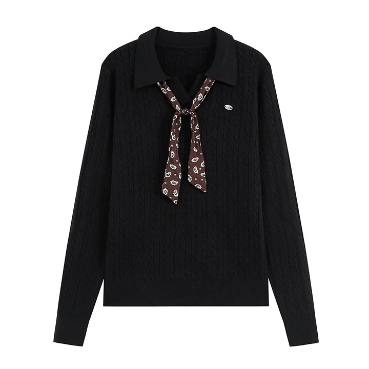Damen Strickpullover mit Troyer‑Kragen und Zierkrawatte Echoarchiv