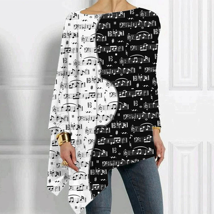 Damen Asymmetrisches Musikprint-Longsleeve mit Klavier- und Notenmotiv – Avérine