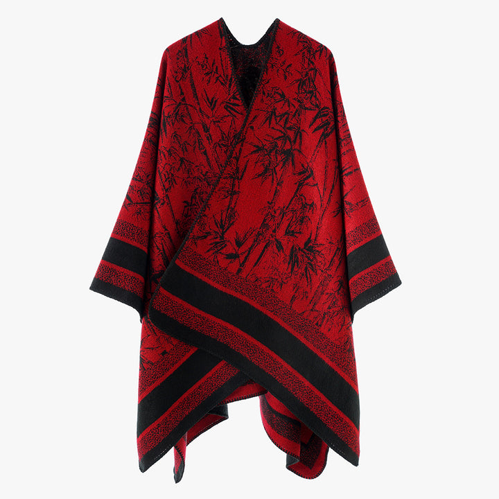 Damen Jacquard‑Poncho im Cape‑Stil mit Bambusmotiv und offener Vorderseite – Avérine