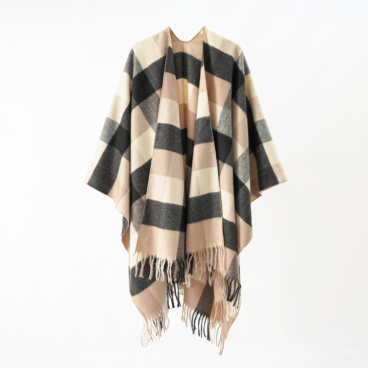 Damen Oversize-Wrapponcho aus Wollmix mit grafischem Rautenmuster und Fransensaum – Célinea
