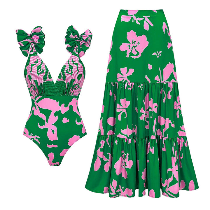 Damen Einteiler Badeanzug mit voluminösen Rüschen und floralem Design Echo Archiv
