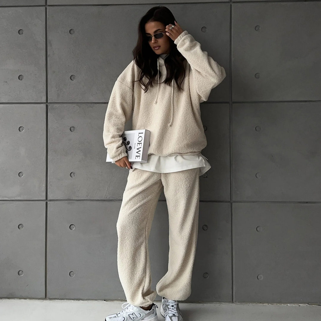 Damen Kuscheliges Sherpa-Loungewear-Set mit Oversized-Kapuzenpullover und weiten Bündchenhosen – Auréline