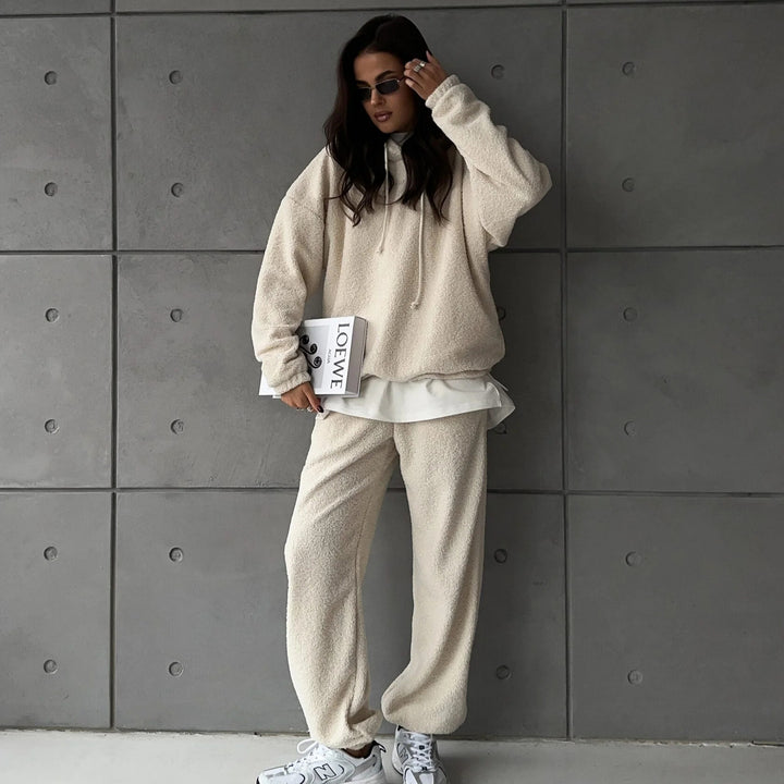 Damen Kuscheliges Sherpa-Loungewear-Set mit Oversized-Kapuzenpullover und weiten Bündchenhosen – Auréline