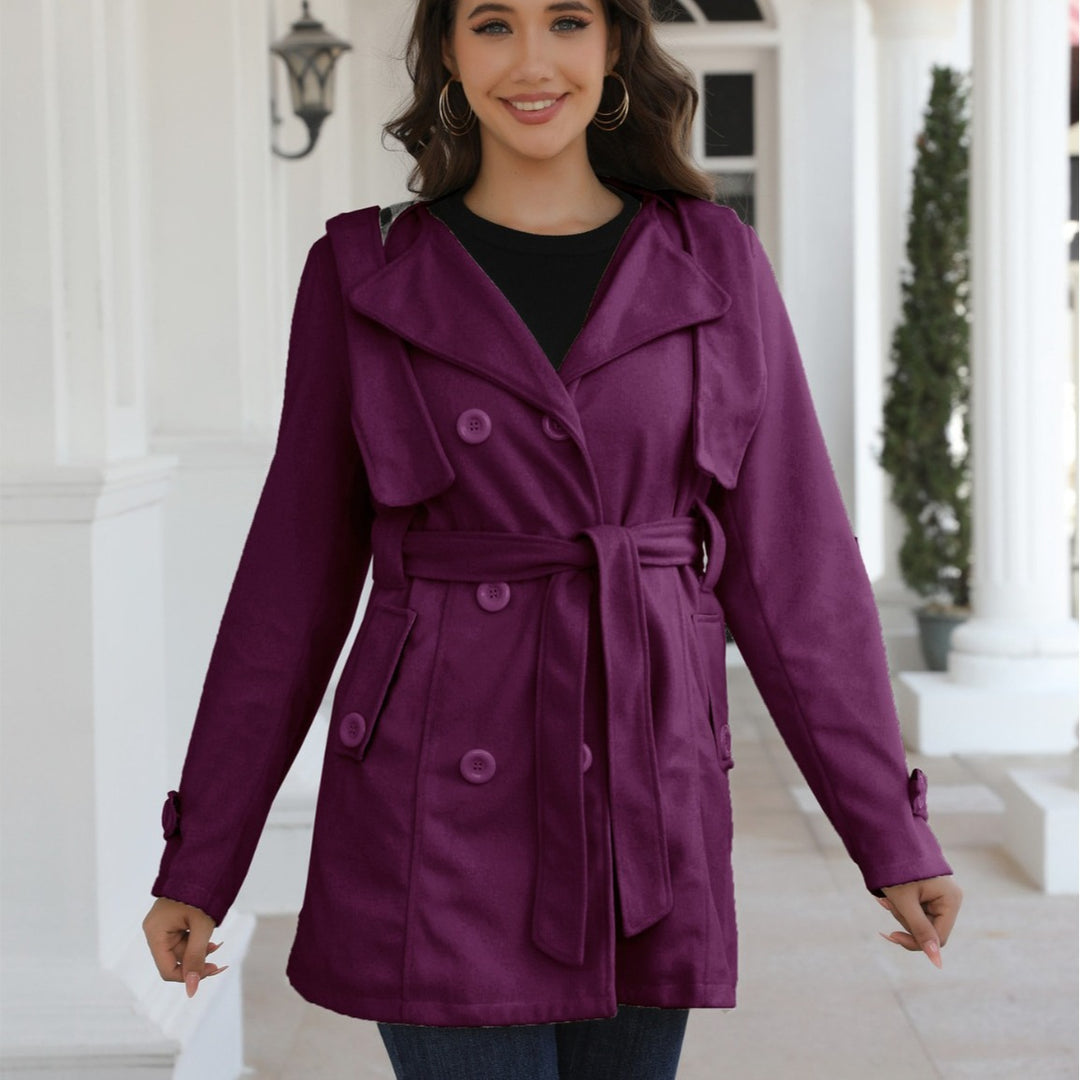 Damen Doppelreihiger Trenchcoat mit Kapuze, Taillengürtel & breitem Revers Echoarchiv