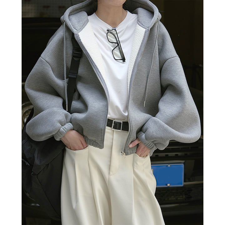 Damen Oversized Kapuzen-Zipjacke mit Teddyfutter und elastischem Saum Echoarchiv