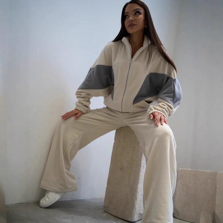 Damen Oversized Fleece-Lounge-Set mit Stehkragen, Reißverschlussjacke und weiter Palazzohose – Auréline