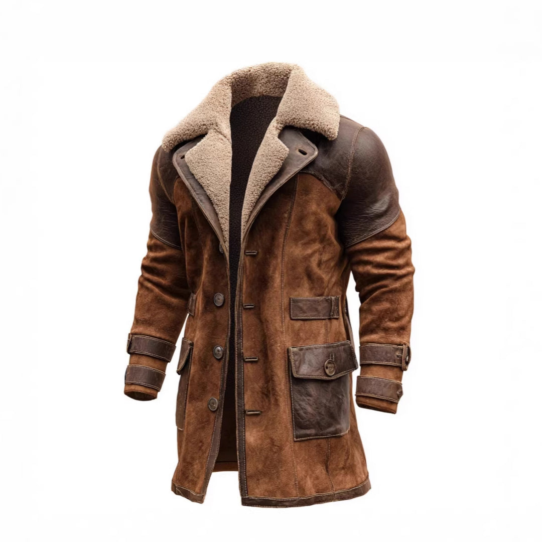Herren Langer Shearling-Mantel aus Wildleder mit Lederbesatz Echoarchiv