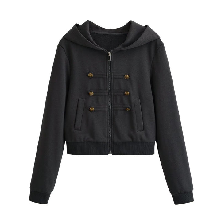 Damen Cropped Kapuzenblouson im Military‑Look mit Zierknopfleiste und geripptem Saum Echo Archiv