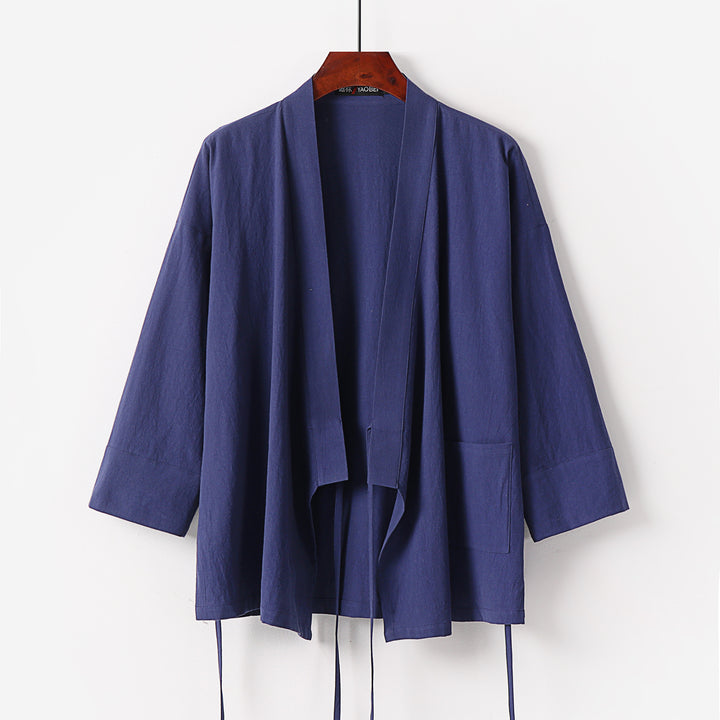 Damen Kimono-Cardigan aus Baumwoll-Leinen mit dreiviertelärmeln Bindegürtel und aufgesetzten Taschen Echoarchiv
