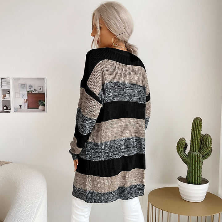 Damen Langer Oversize-Strickcardigan mit Blockstreifen und offener Front – Veloura