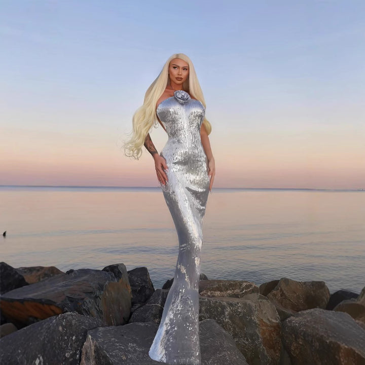 Damen glamouröses Pailletten-Maxikleid mit elegantem Stehkragen Echo Archiv