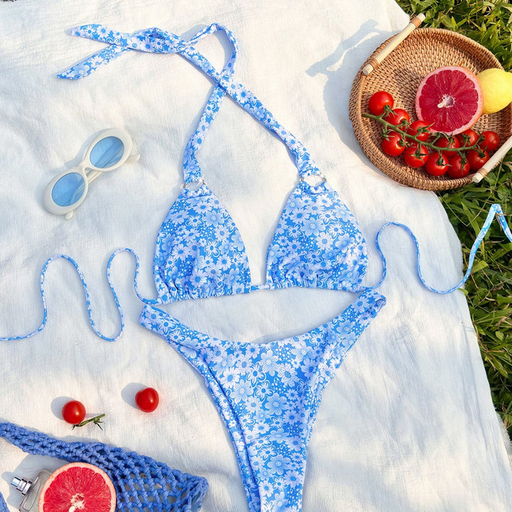 Damen Triangel-Bikini mit verspieltem Blumendesign und modischen Bindebändern Echo Archiv