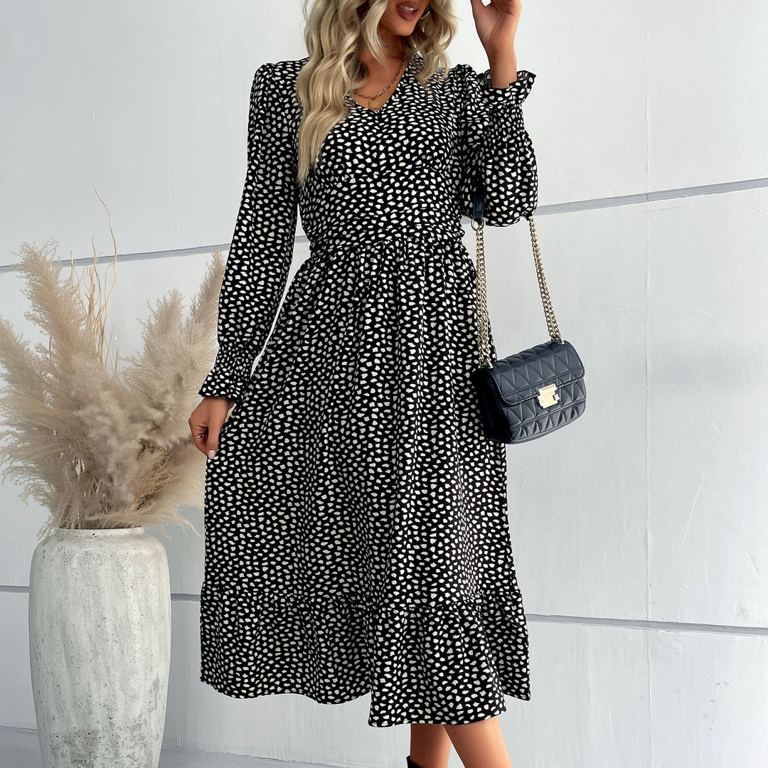 Damen Midikleid mit V-Ausschnitt, geraffter Taille und langen Smokärmeln Echoarchiv