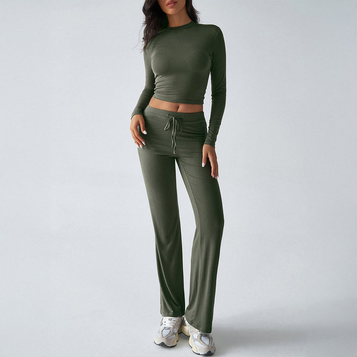 Damen nan tailliertes Longsleeve-Crop-Top und weite Lounge-Hose im Zweiteiler-Set aus Stretchjersey Echo Archiv
