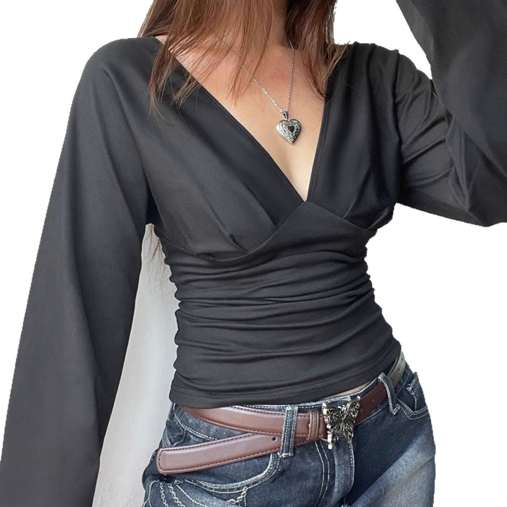 Damen nan figurbetontes Langarm-Top mit tiefem V-Ausschnitt, Nackenband zum Binden und taillierter Silhouette Echo Archiv