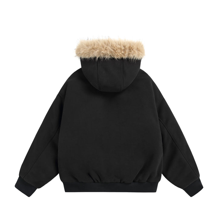 Damen Kurzboxy Kapuzenblouson aus French‑Terry mit voluminöser Kunstfellkante Echoarchiv