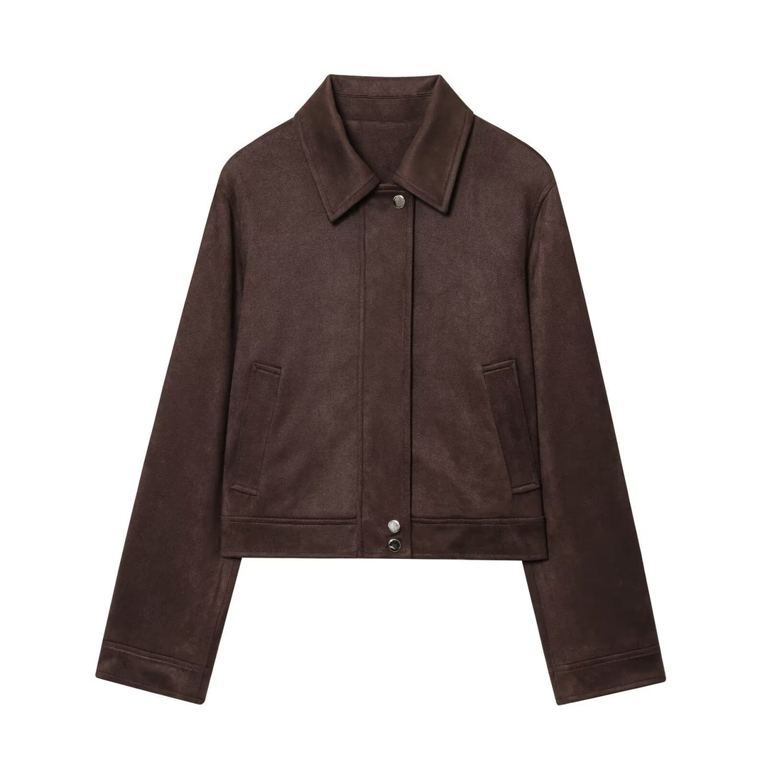 Damen 30+ kurz geschnittene Veloursjacke im Blousonstil mit Hemdkragen und verdeckter Druckknopfleiste Echo Archiv