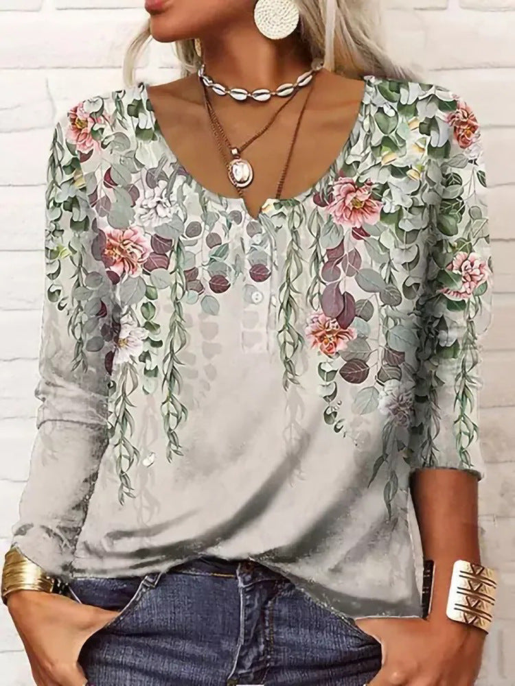 Damen Boho-Tunika mit floralen Hängeranken, V-Ausschnitt und dreiviertelärmeln – Avérine