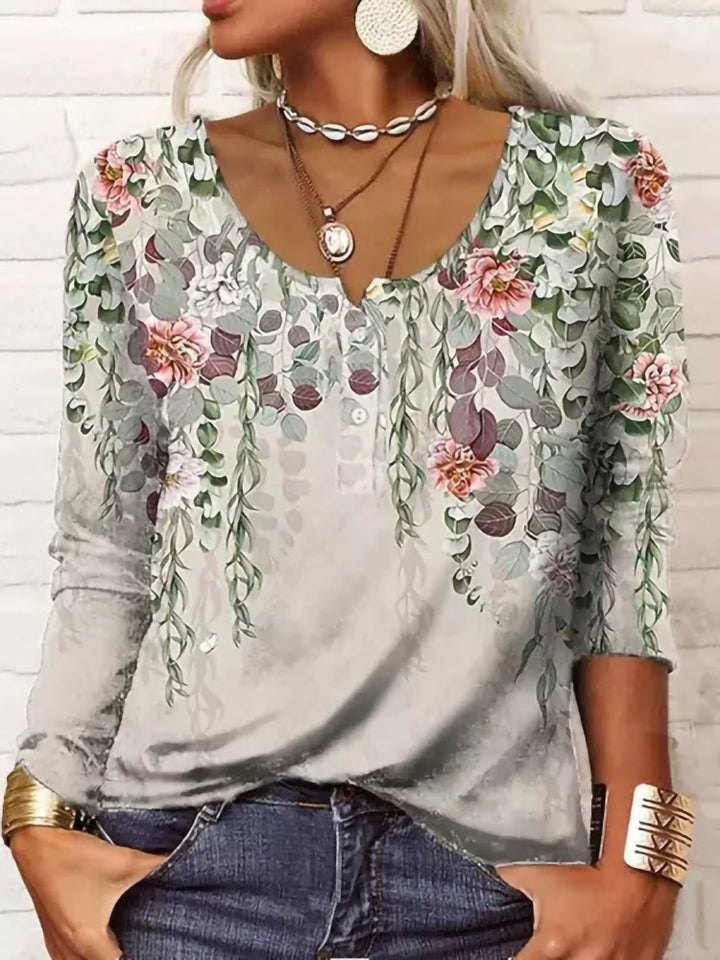 Damen Boho-Tunika mit floralen Hängeranken, V-Ausschnitt und dreiviertelärmeln – Avérine